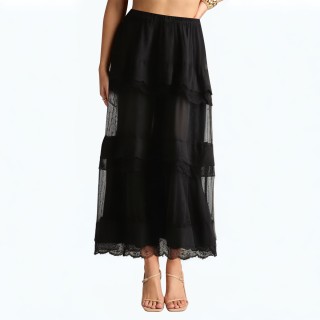 Lace Splicing Layered Elastic Waist Mid Length Skirt