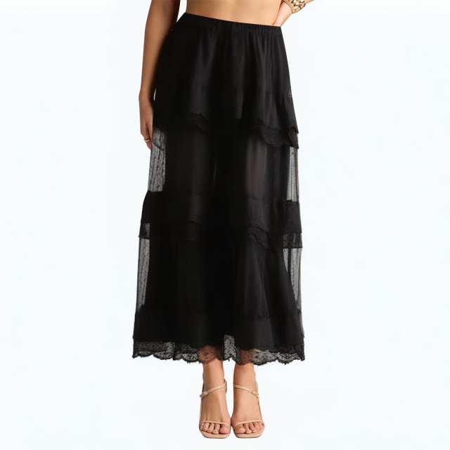 Lace Splicing Layered Elastic Waist Mid Length Skirt