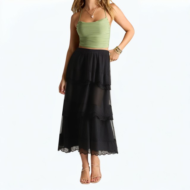 Lace Splicing Layered Elastic Waist Mid Length Skirt