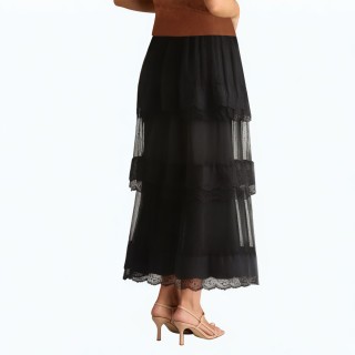 Lace Splicing Layered Elastic Waist Mid Length Skirt