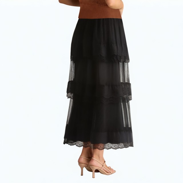 Lace Splicing Layered Elastic Waist Mid Length Skirt