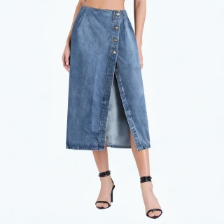 High Waist Denim Mid Length Skirt