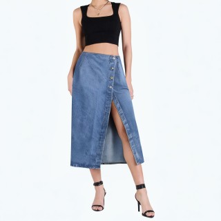 High Waist Denim Mid Length Skirt