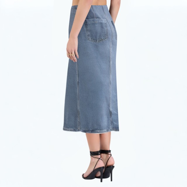 High Waist Denim Mid Length Skirt