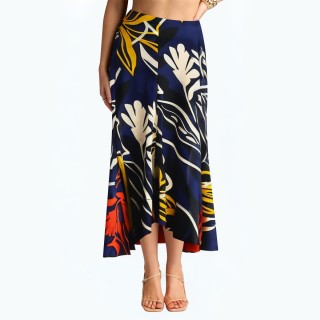 Elegant Asymmetrical Hem Printed Midi Skirt