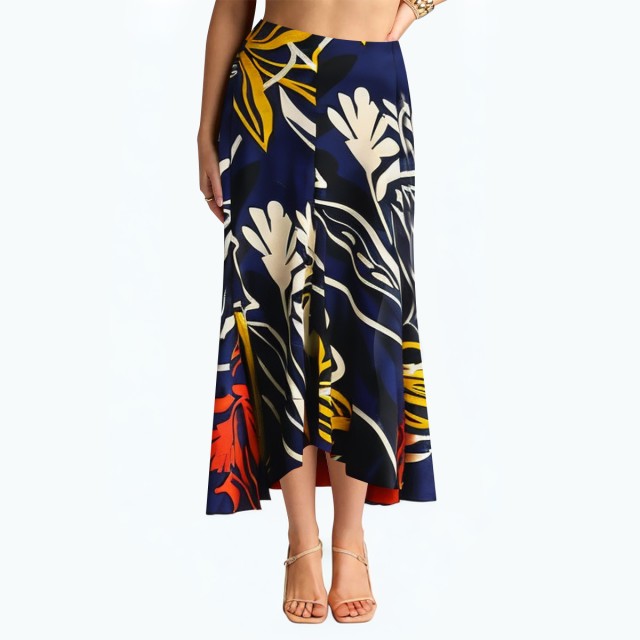Elegant Asymmetrical Hem Printed Midi Skirt