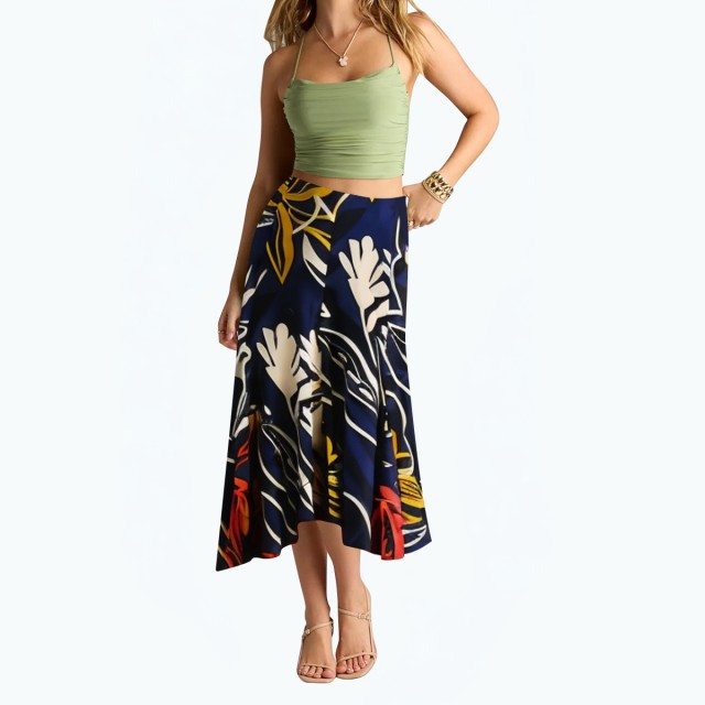 Elegant Asymmetrical Hem Printed Midi Skirt