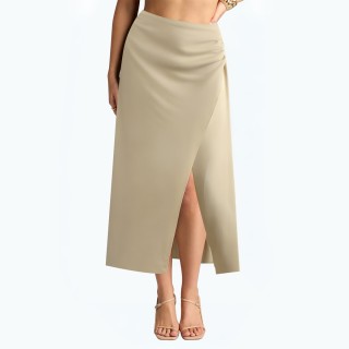 Side Pleated High Waist Simple Slit Midi Skirt