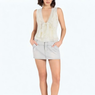 Bow Lace V Neck Short Sleeved Vest Top