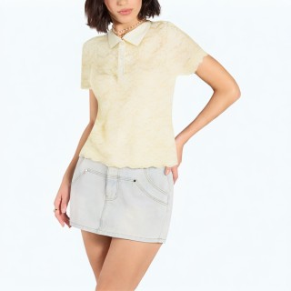 Translucent Lapel Short Sleeved Shirt Top