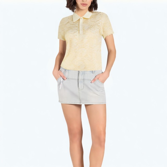 Translucent Lapel Short Sleeved Shirt Top