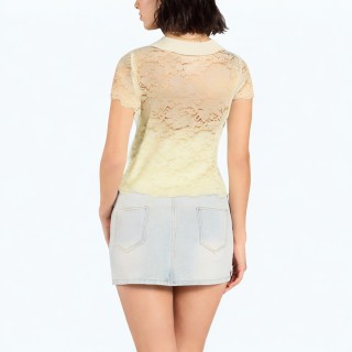 Translucent Lapel Short Sleeved Shirt Top