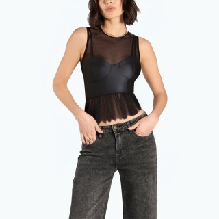 Round Neck Sleeveless Spliced ​​mesh Top