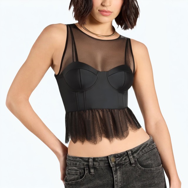 Round Neck Sleeveless Spliced ​​mesh Top