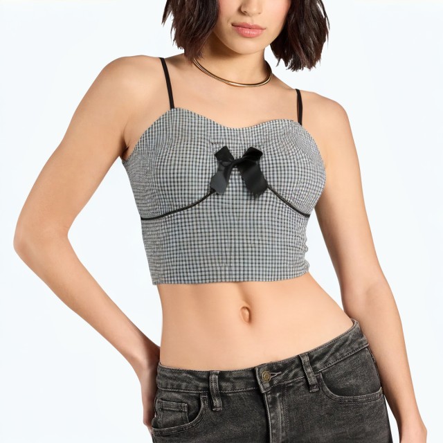 Fashionable Bowknot Plaid Vest Top