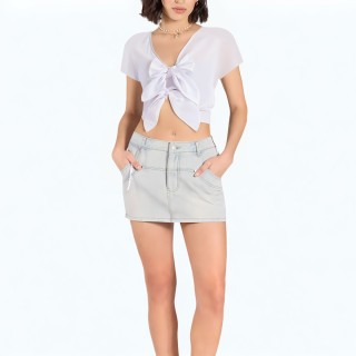 Simple V Neck Short Sleeved Bow Decoration