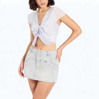 Simple V Neck Short Sleeved Bow Decoration