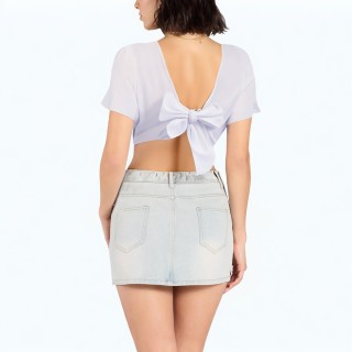 Simple V Neck Short Sleeved Bow Decoration