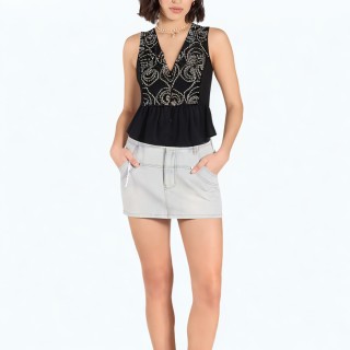 Embroidered V Neck Sleeveless Shirt Dress Top
