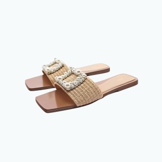 Pearl Rhinestone Square Buckle Flat Slipper