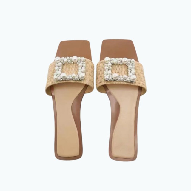 Pearl Rhinestone Square Buckle Flat Slipper