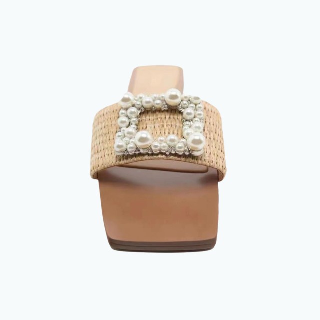 Pearl Rhinestone Square Buckle Flat Slipper