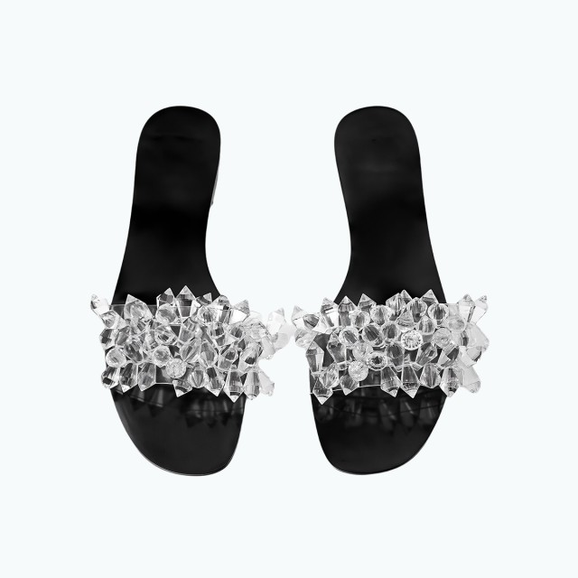 Black Transparent Crystal Flat Slippers