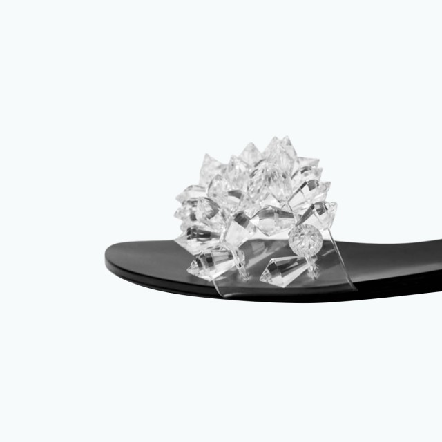 Black Transparent Crystal Flat Slippers