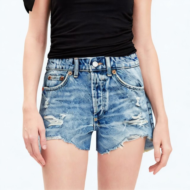 Versatile Hole Decorated Mid Waist Denim Shorts