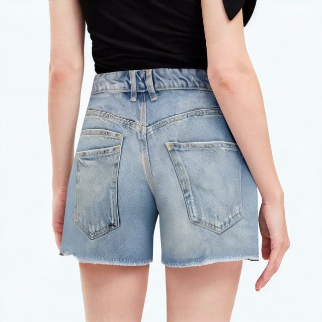 Versatile Hole Decorated Mid Waist Denim Shorts