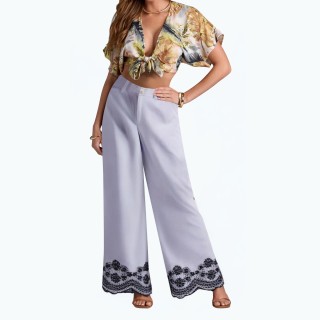 Embroidered Striped Loose High Waist Wide Leg Pants