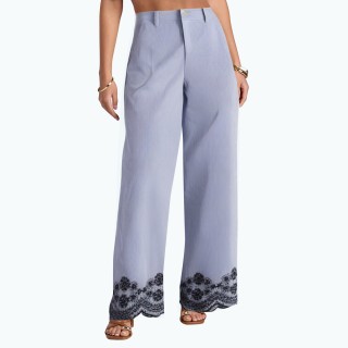Embroidered Striped Loose High Waist Wide Leg Pants