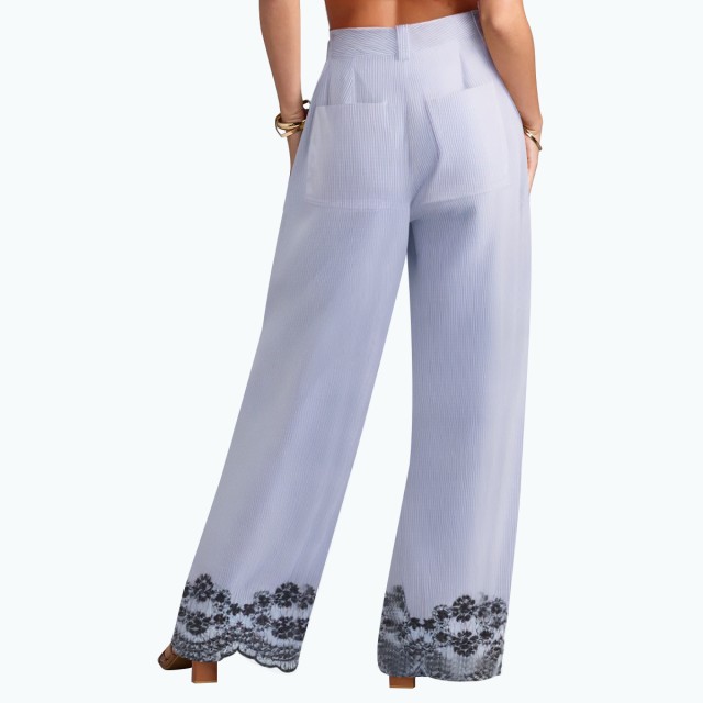 Embroidered Striped Loose High Waist Wide Leg Pants