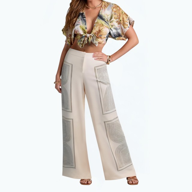 Printed Zipper Casual Wide Leg Pants