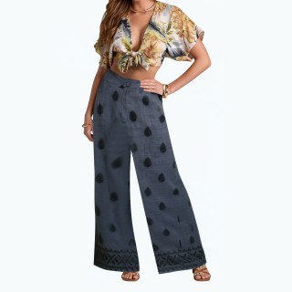Embroidered Zipper Waist High Waist Casual Pants