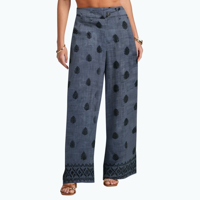Embroidered Zipper Waist High Waist Casual Pants
