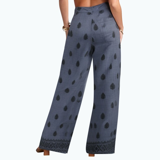 Embroidered Zipper Waist High Waist Casual Pants