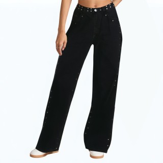 Simple Rivet Black High Waist Denim Pants