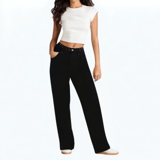 Simple Rivet Black High Waist Denim Pants