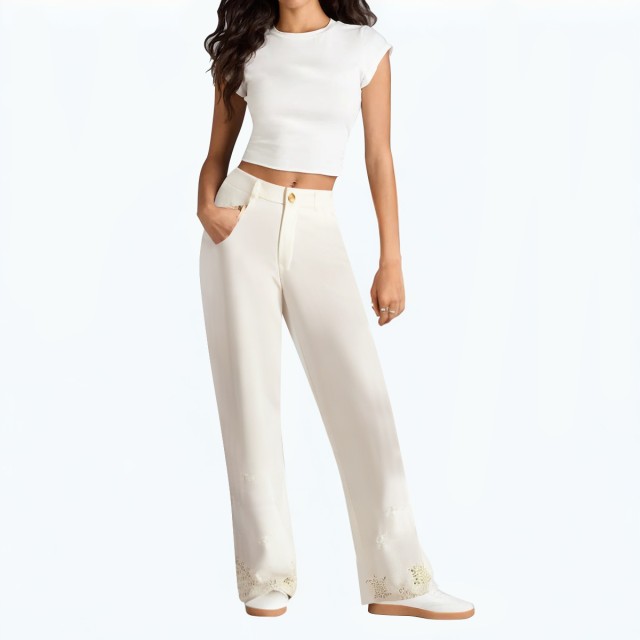 Hollow Embroidery Wide Leg High Waist Casual Pants